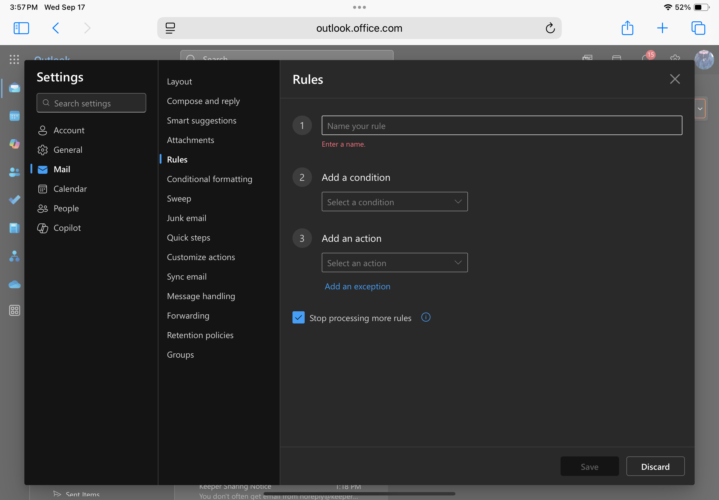 Blank new rule input page.
