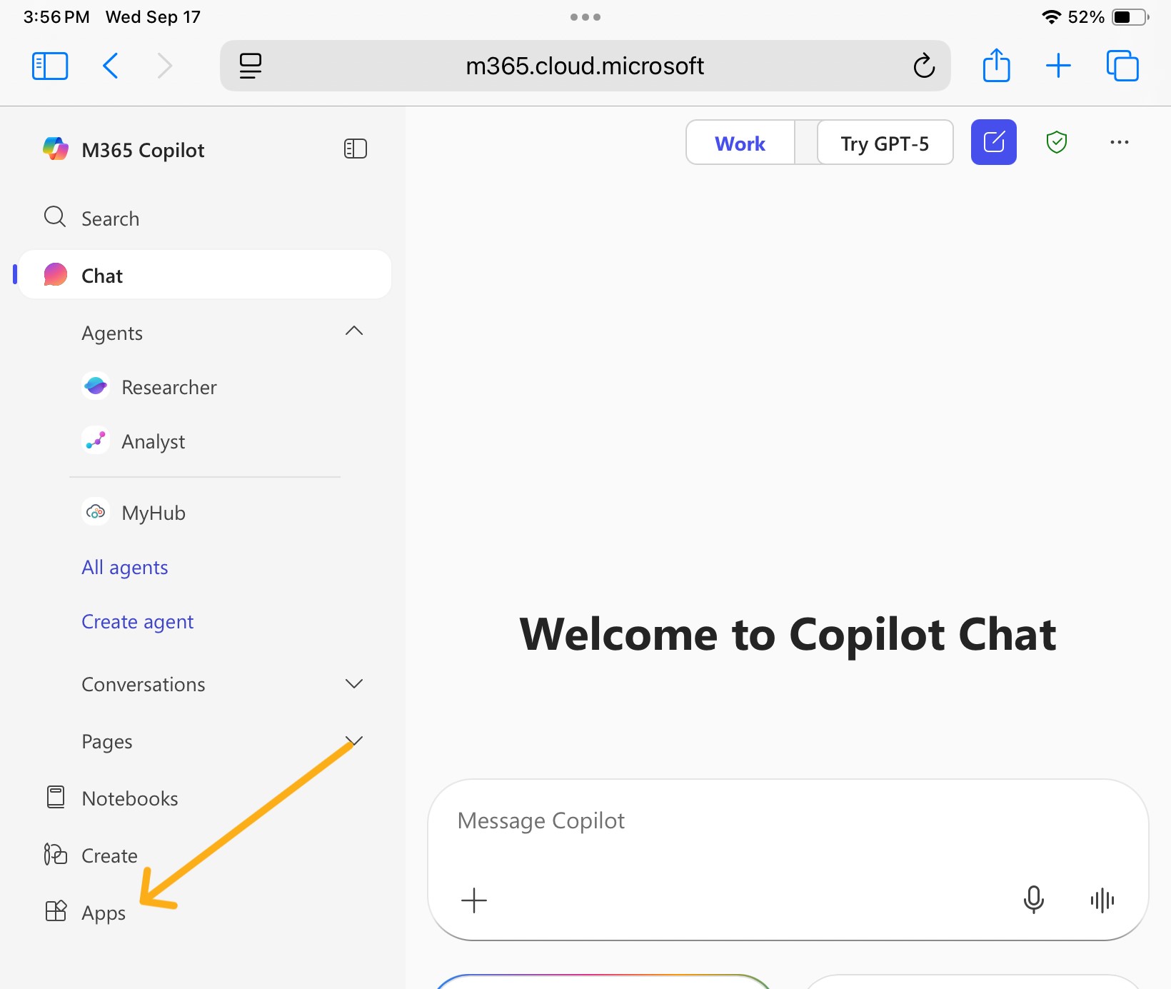 Left navigation panel on office.com with a yellow arrow pointing to the "apps" tab.