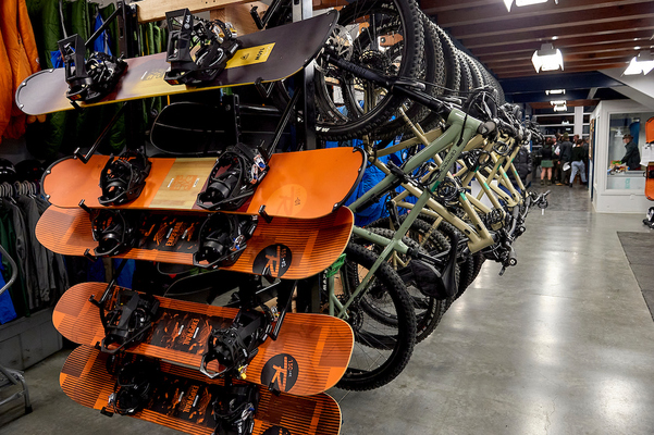 Snowboards and bikes in the Rental Shop