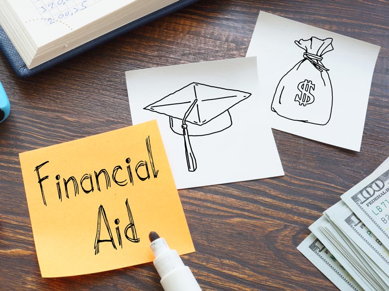 Sticky notes that have a graduation hat, a money bag, and the words "financial aid"