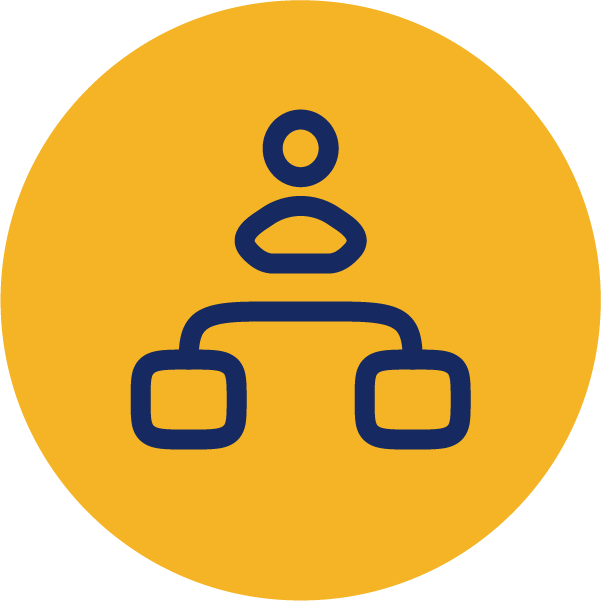 Yellow circle with a blue icon of a person with two arrows pointing to two boxes icon