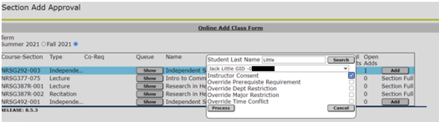 screenshot of checking correct override boxes once student has been selected