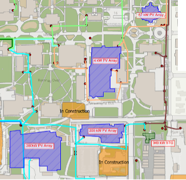 A map of MSU showing buildings connected by different colored lines