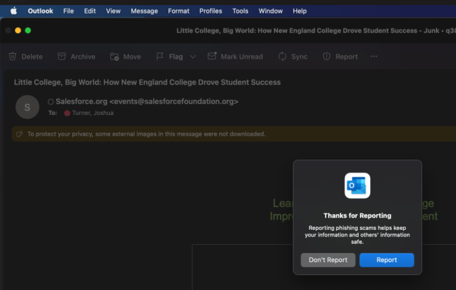 Outlook Phishing Button Pop-Up Mac