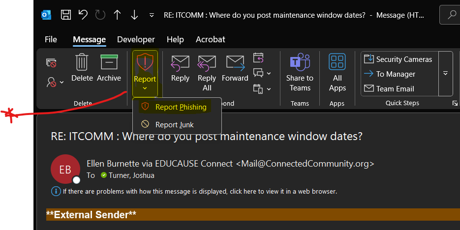 Alert button in email in Outlook app
