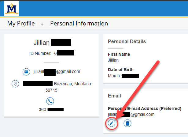 The Personal Information portal in MyMSU displaying redacted info, with a red arrow pointing to the edit pencil icon.
