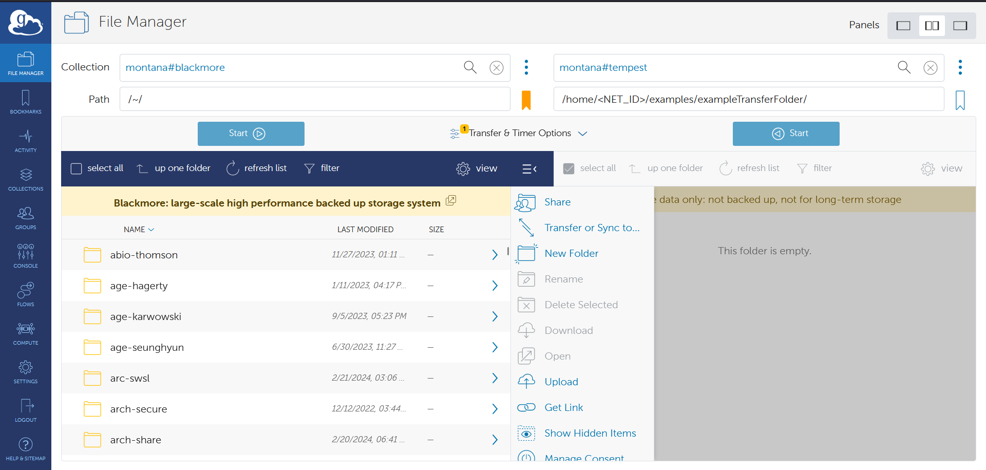 File transfer from Blackmore to Tempest using Globus