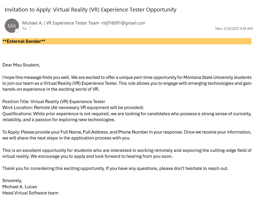 Fake offer of a VR tester job email