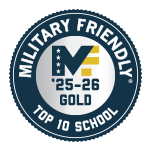 Image of a badge that reads "Miltary Friendly 25-26 Gold: Top 10 School."
